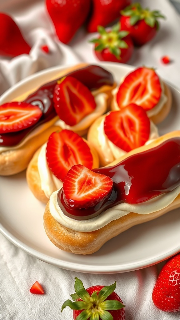 A delicious plate of strawberry eclairs with chocolate glaze and fresh strawberries on a neutral tablecloth.